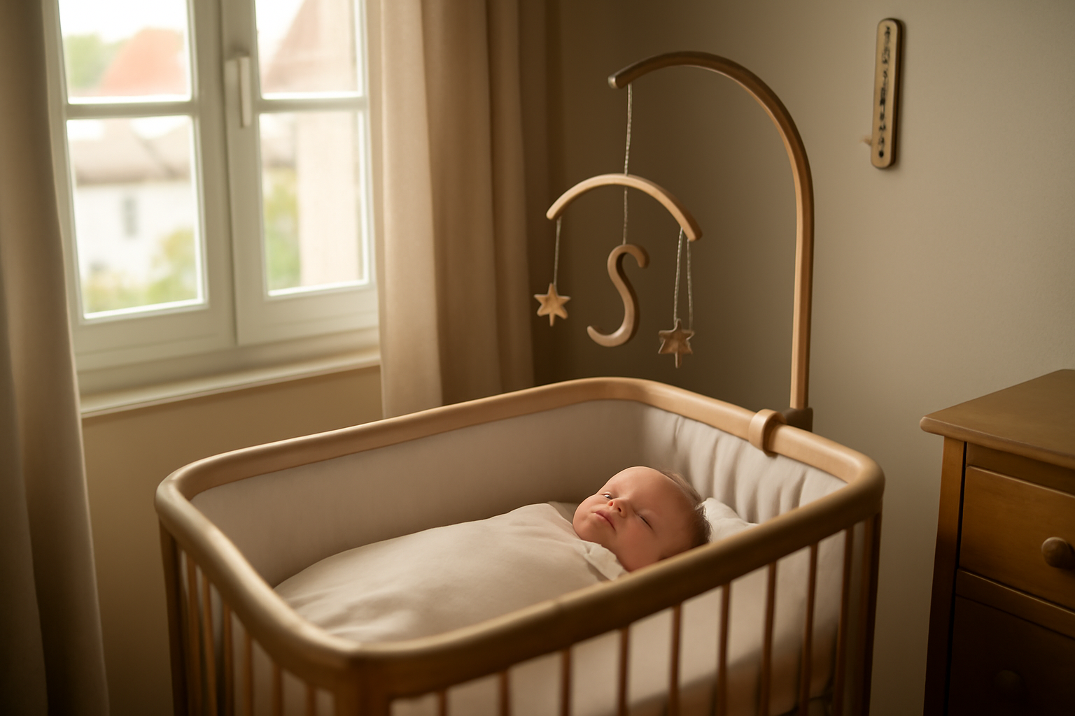 bébé dans une chambre calme avec lumière du matin et routine de sommeil