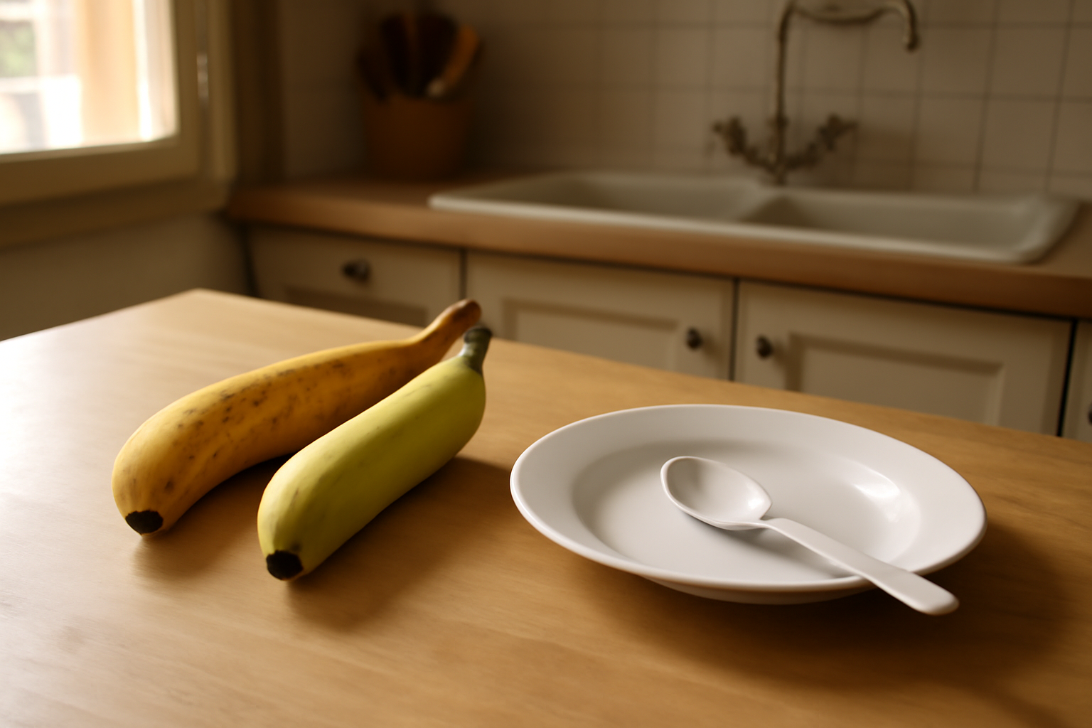 Banane sur planche en bois, vue réaliste, lumière naturelle, cuisine familiale