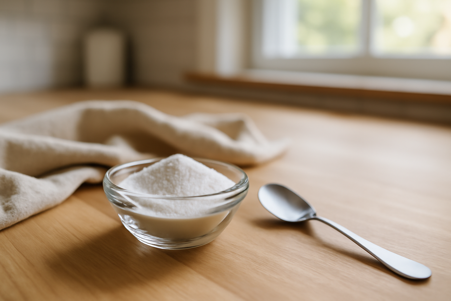 bicarbonate de soude santé en poudre blanche dans un petit bol en verre sur planche bois, lumière naturelle