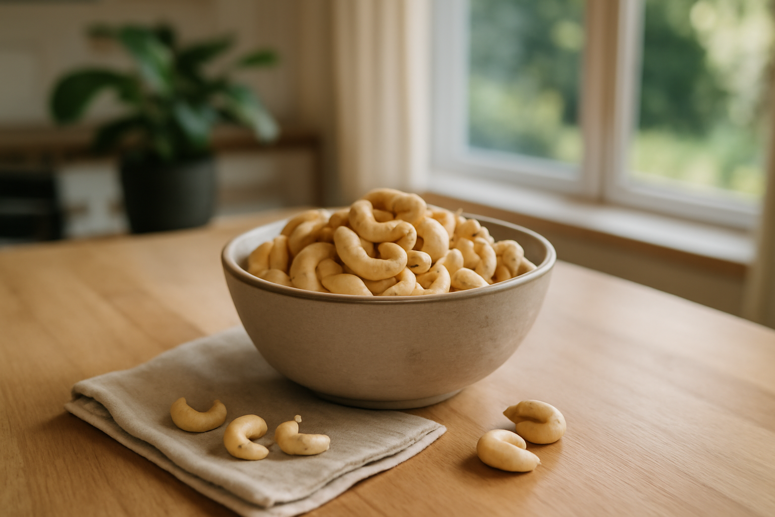 bienfaits de la noix de cajou : bol de noix de cajou sur table en bois