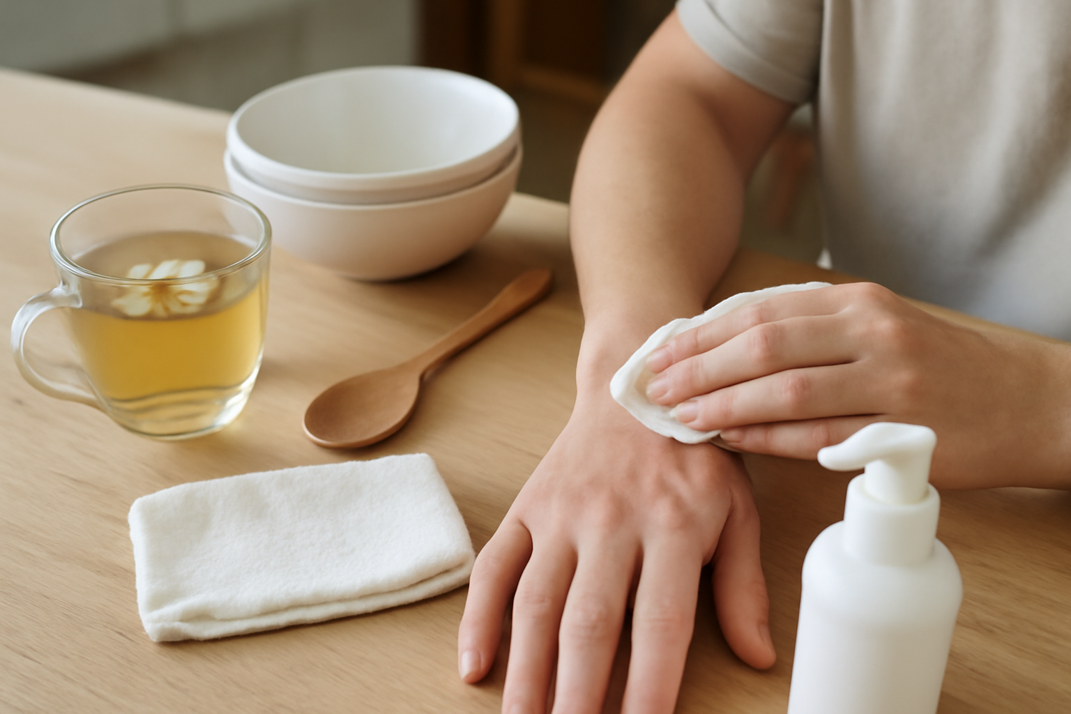 application d'une compresse tiède à la camomille pour calmer l'urticaire naturellement