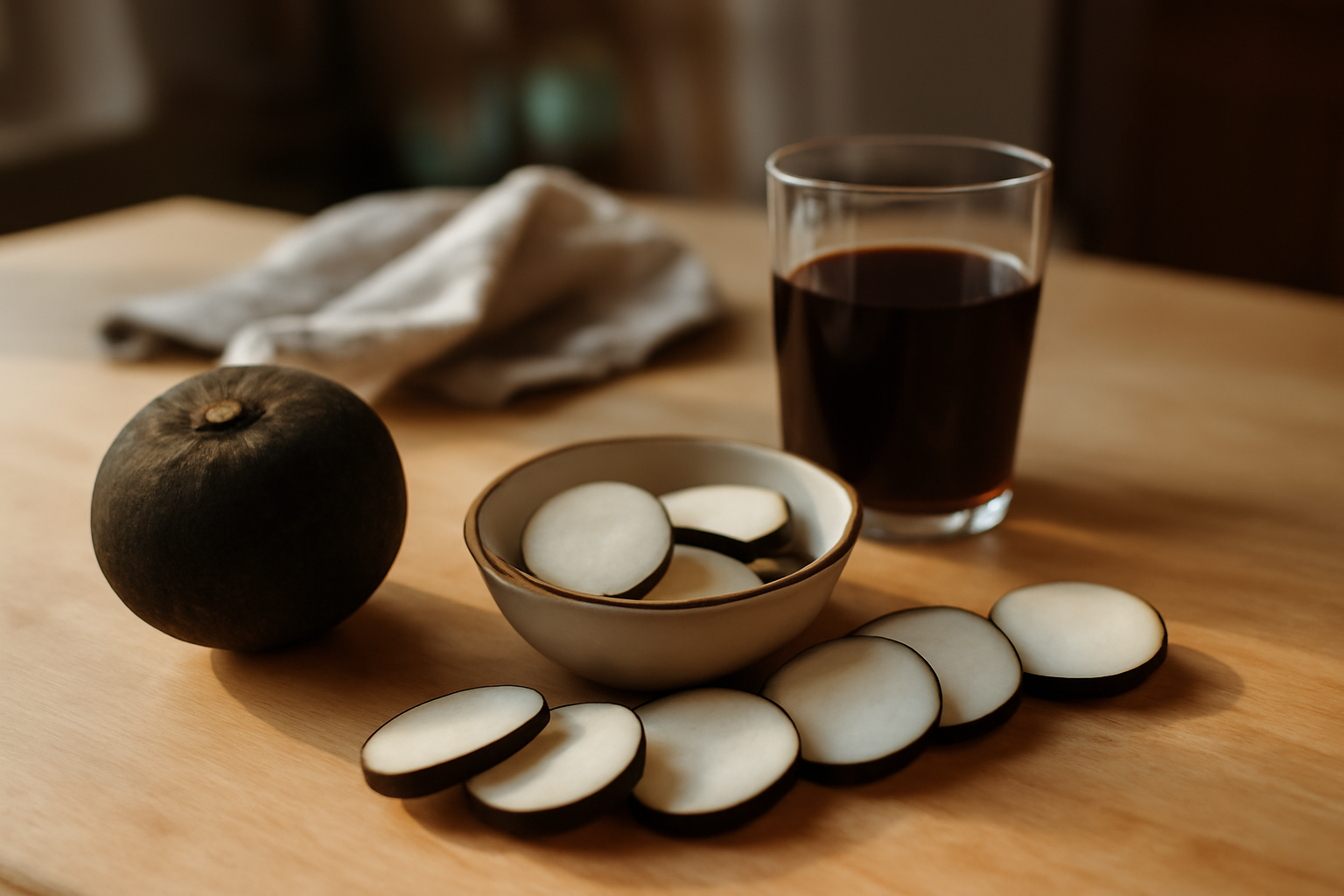 Radis noir cru et jus de radis noir en cuisine, ingrédients naturels sur planche en bois