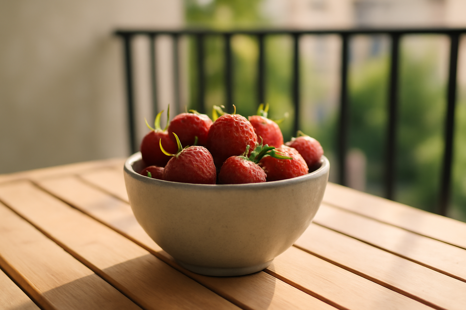 Fraise bienfaits et méfaits : bol de fraises fraîches au soleil, plan rapproché