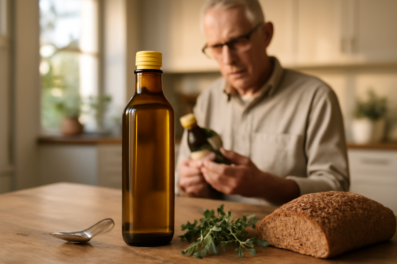 huile de colza et cholestérol : flacon d’huile de colza sur table en cuisine, lumière naturelle