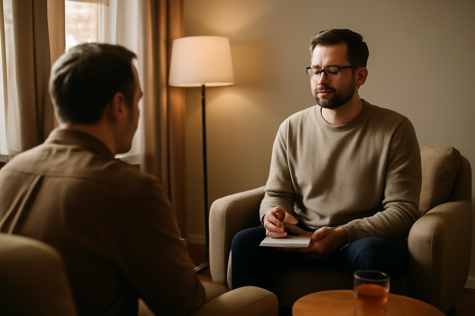 l'hypnose est elle dangereuse : séance encadrée en cabinet avec praticien et patient, lumière naturelle