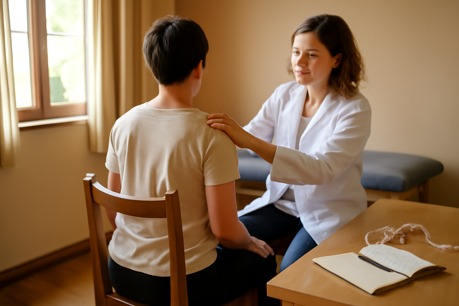 kinésiologie danger praticien réalisant un test musculaire en cabinet lumineux