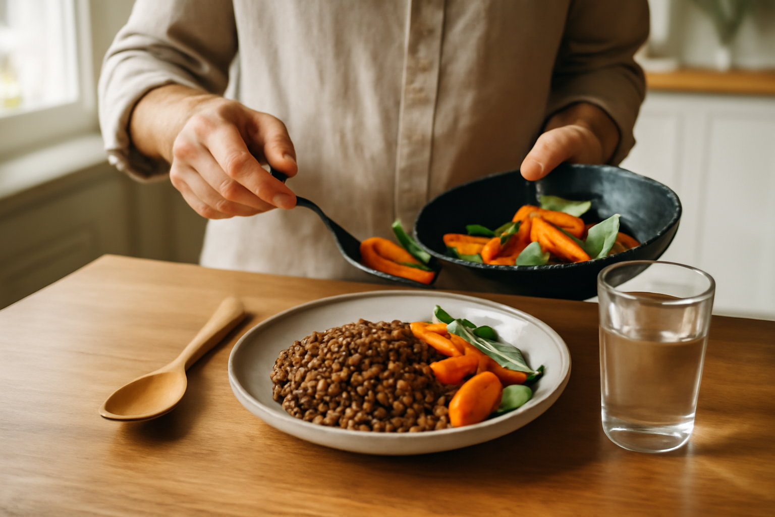 lentilles et constipation : bol de lentilles cuites avec légumes et eau sur table en cuisine