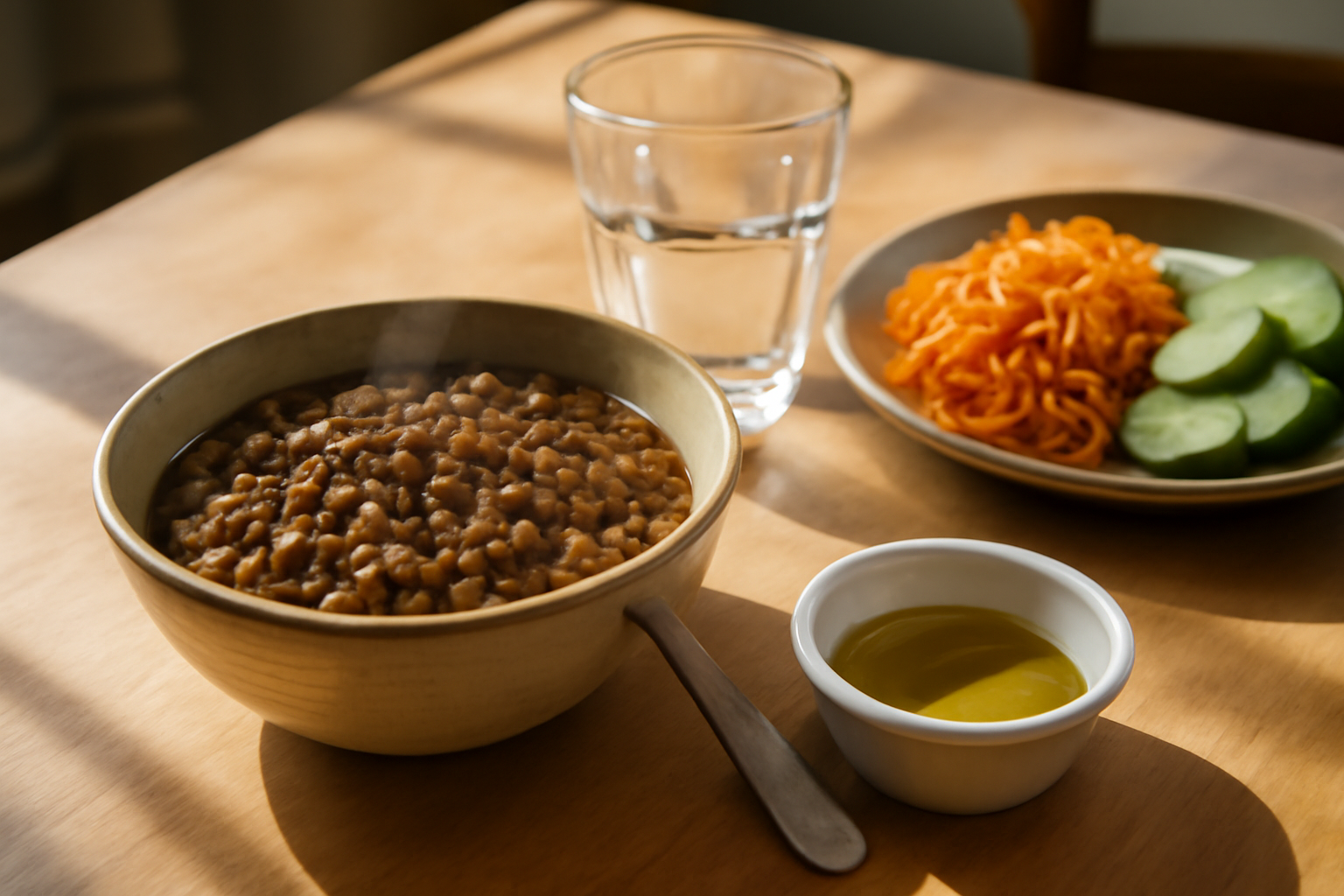 lentilles transit dans un bol avec légumes et eau à côté