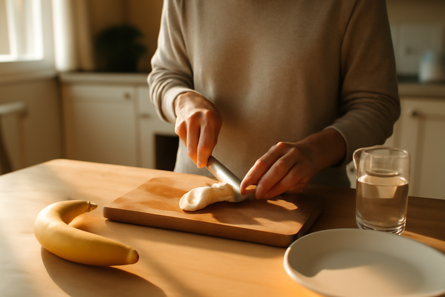 manger une banane par jour au petit-déjeuner, banane mûre et verre d’eau sur table en bois, lumière naturelle