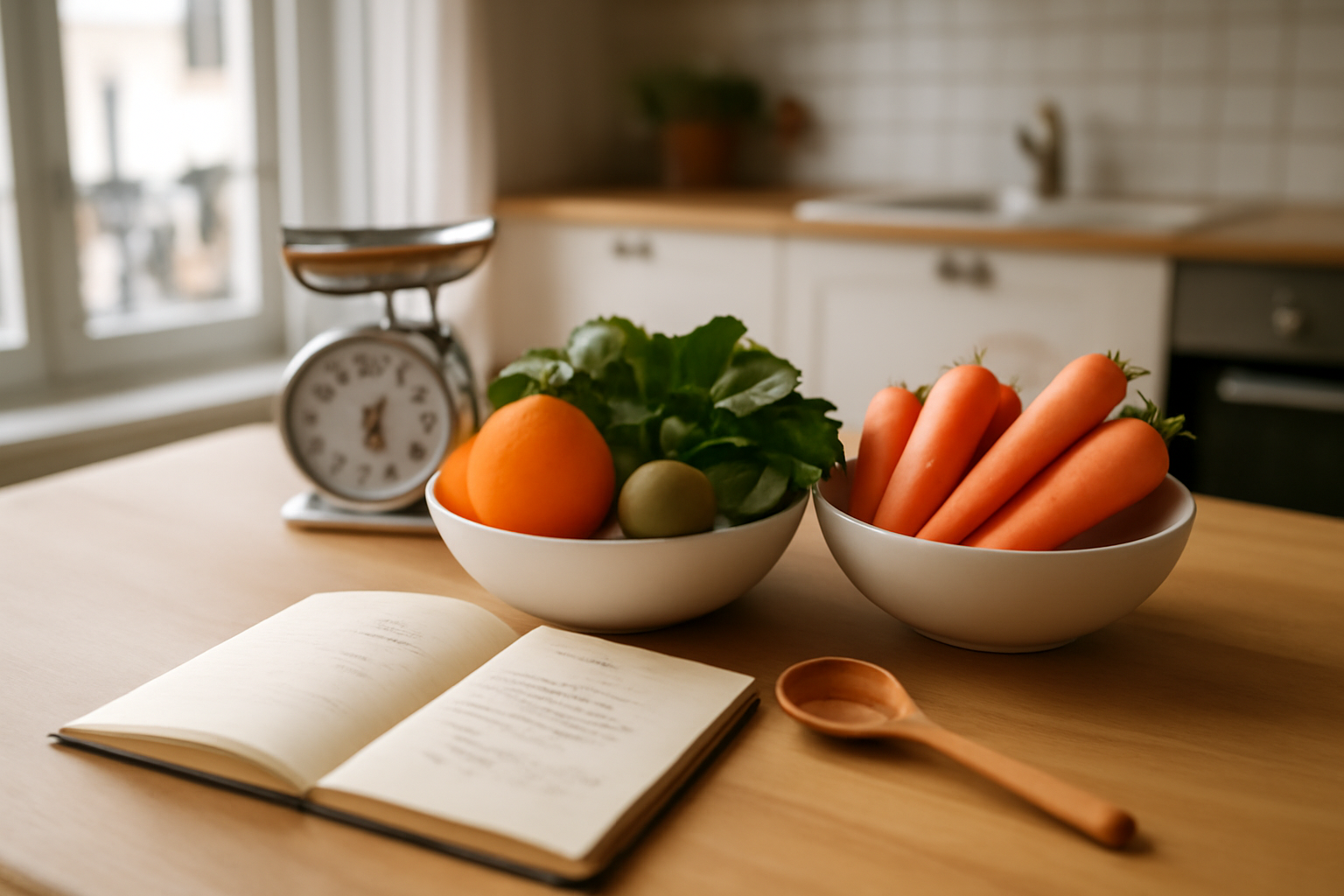 micro nutrition : bols de fruits et légumes variés, étiquettes d’aliments et cuillère de miel sur table en bois