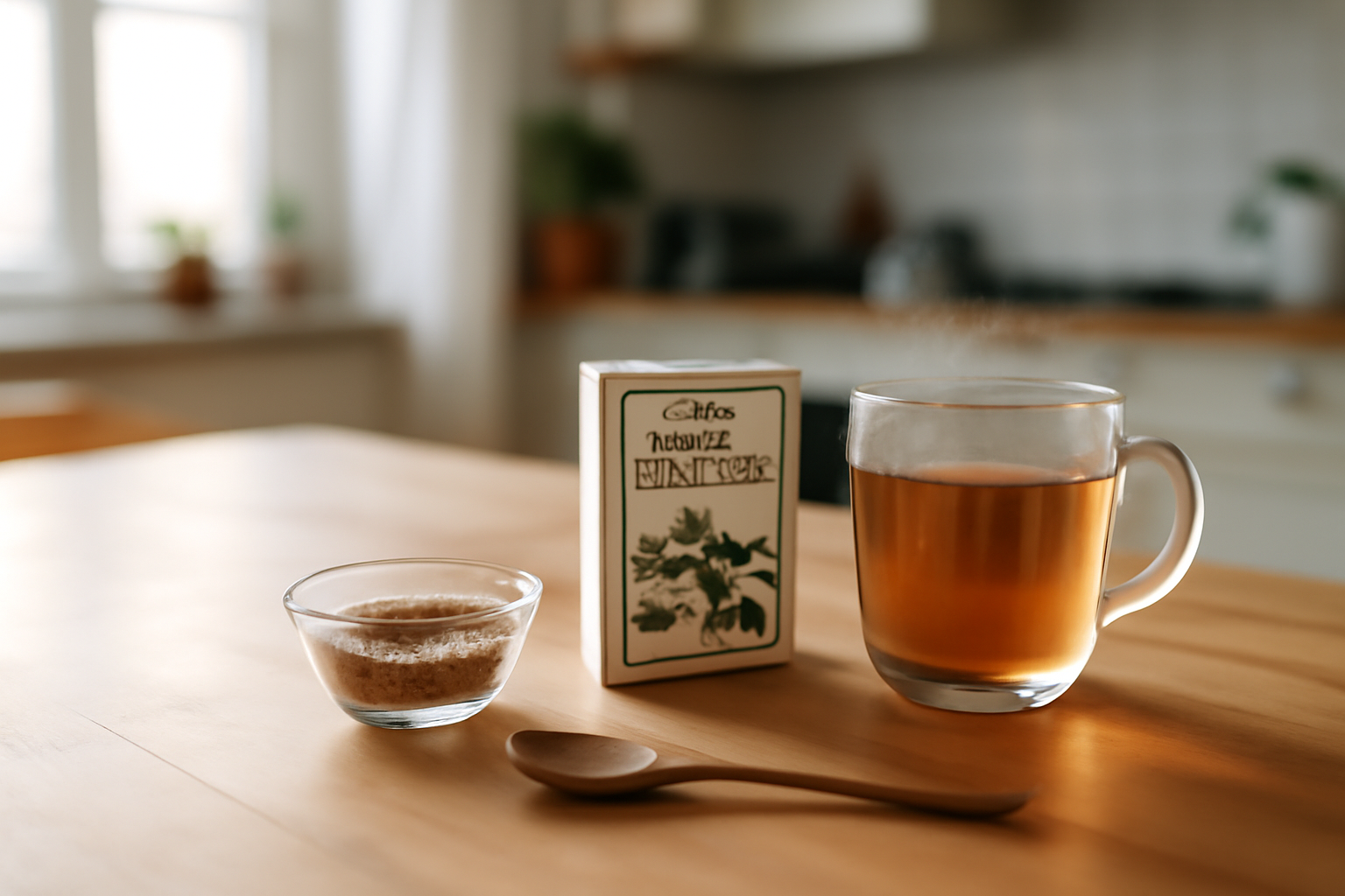 pansement intestinal naturel : bols de graines de psyllium et tisane de guimauve sur table en bois