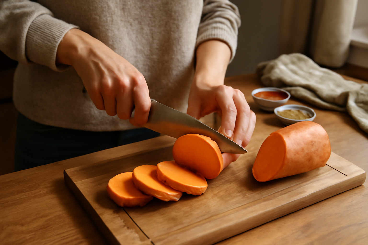 Patate douce legume : tubercule orangé sur planche en bois, cuisine familiale lumière naturelle