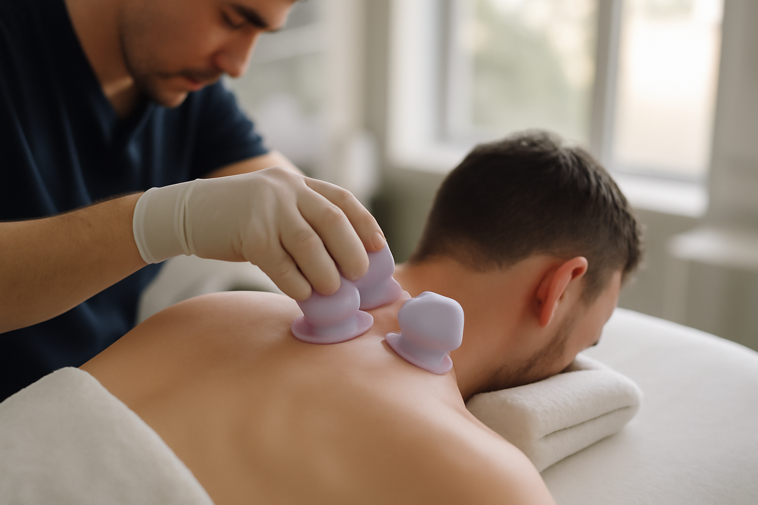 point hijama sur la nuque avec ventouses en silicone, praticien en gants, ambiance salle de soin, lumière naturelle