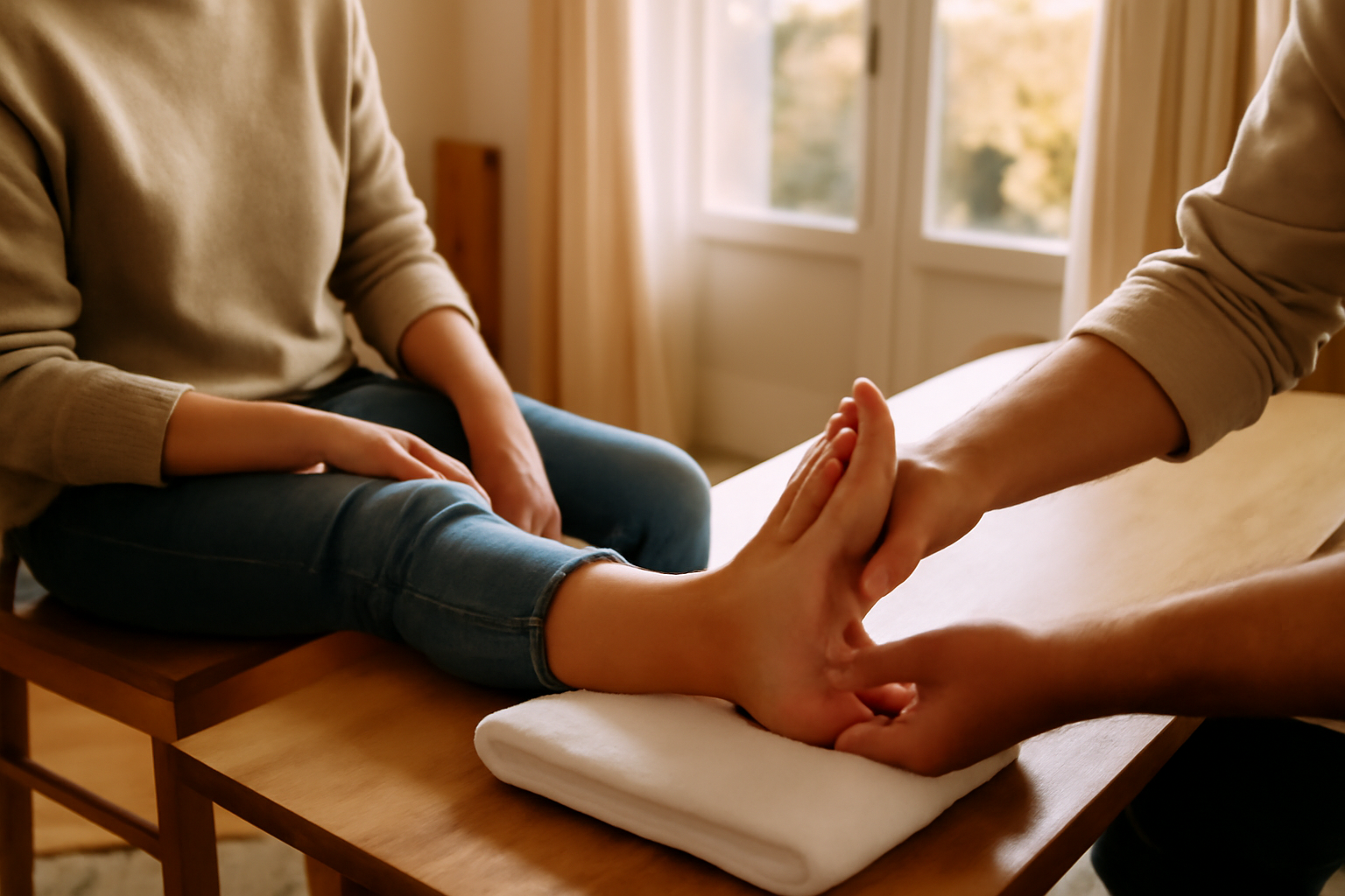 reflexologie pied droit : main massant le bord interne du pied sur table en bois