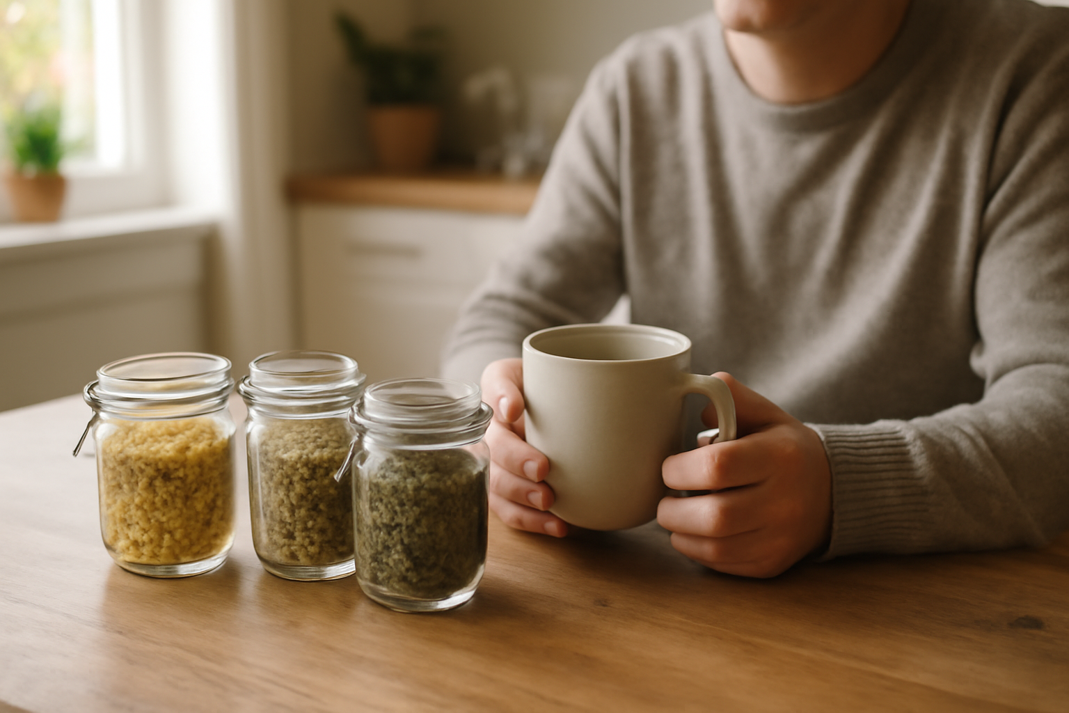 tisane pour maux de ventre en tasse, plantes digestives sur table en bois