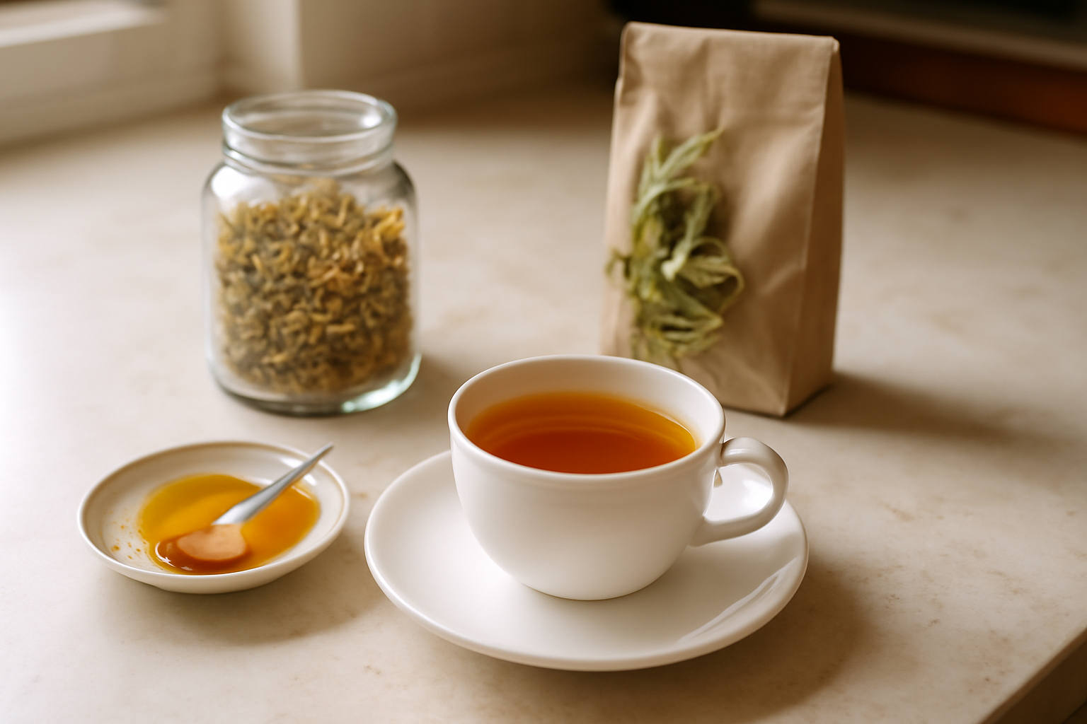 tasse infusion verveine camomille miel sur table de cuisine française