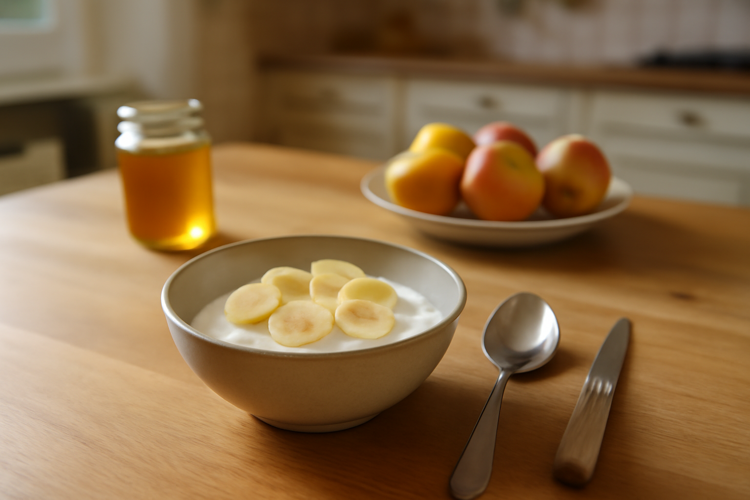 banane yaourt dangereux : bol de yaourt nature avec banane mûre sur table en cuisine