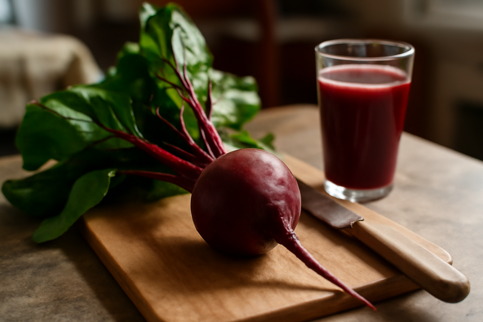 betterave rouge fraîche et verre de jus de betterave sur une table en cuisine