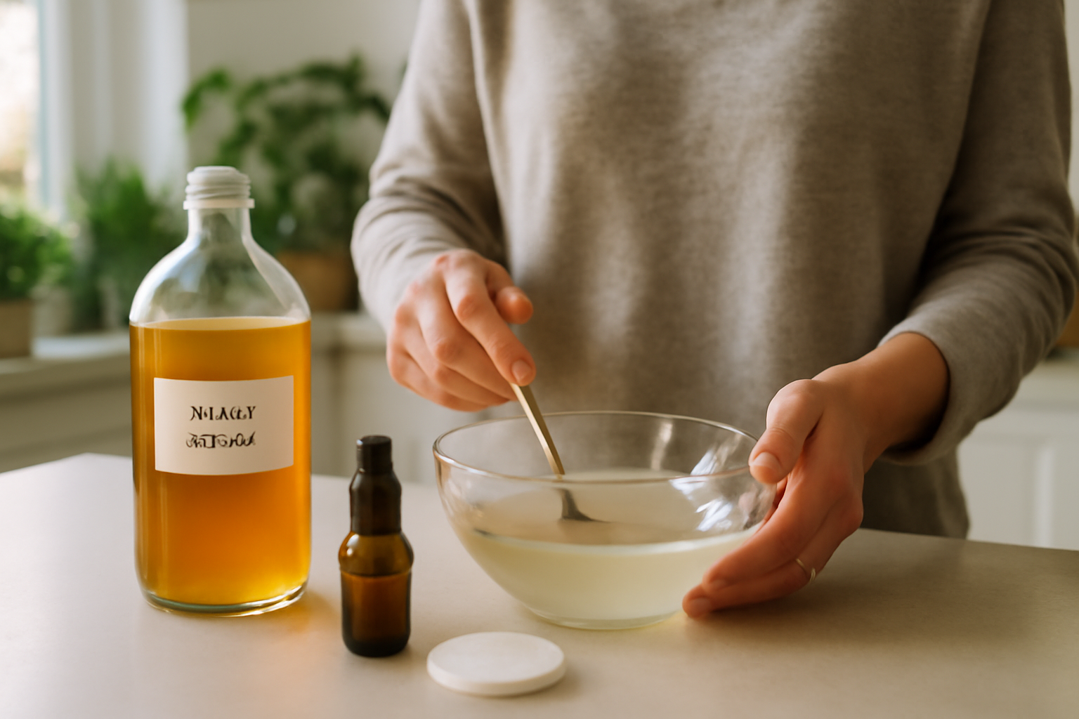 Vinaigre de cidre dilué dans un bol en verre pour un soin visage, lumière naturelle