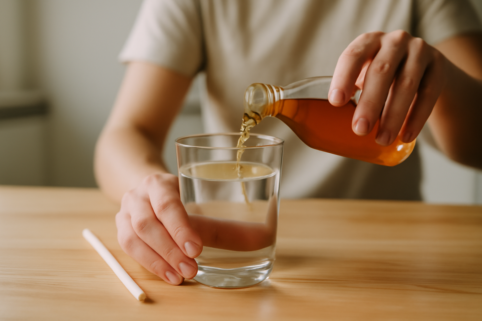Dilution du vinaigre de cidre dans un verre d'eau avec une paille, table de cuisine