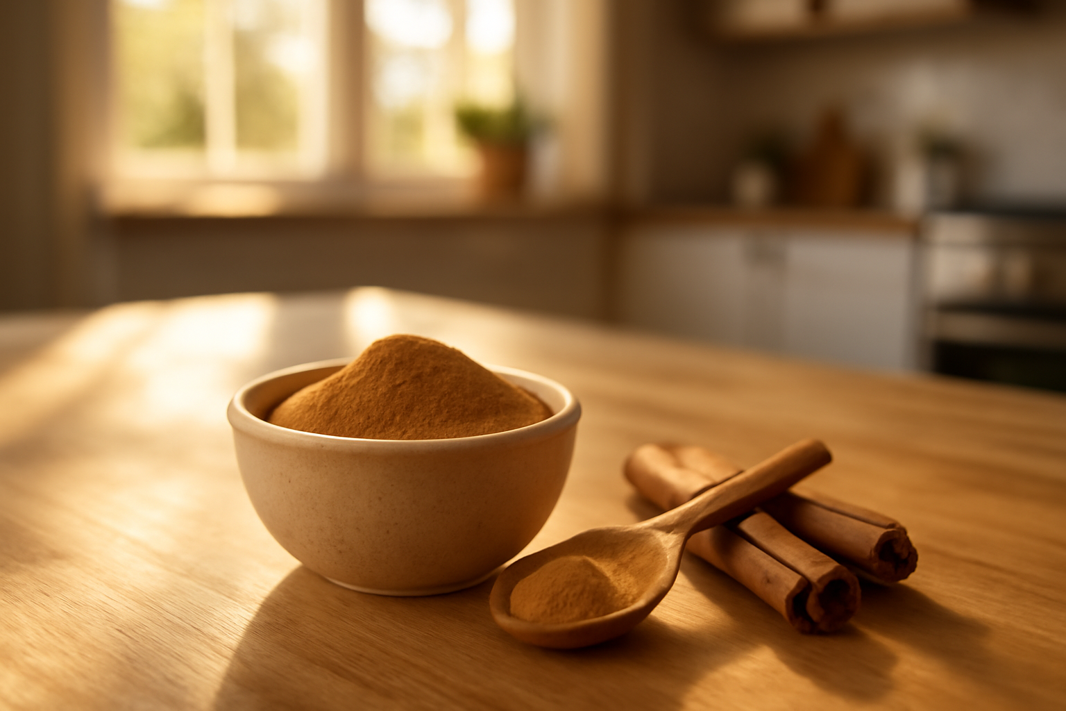 cannelle anti inflammatoire : bol de cannelle de Ceylan et épices sur table en bois, lumière naturelle