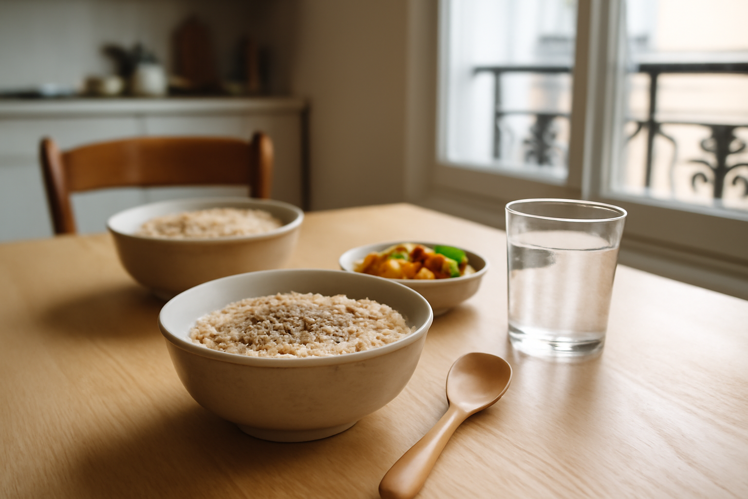 detox pancréas : bols de fibres et verre d’eau sur table en cuisine, lumière naturelle