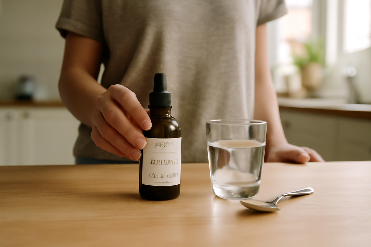 bouteille d’elixir fleur de bach minceur sur une table en bois, lumière naturelle, flacon en verre ambré