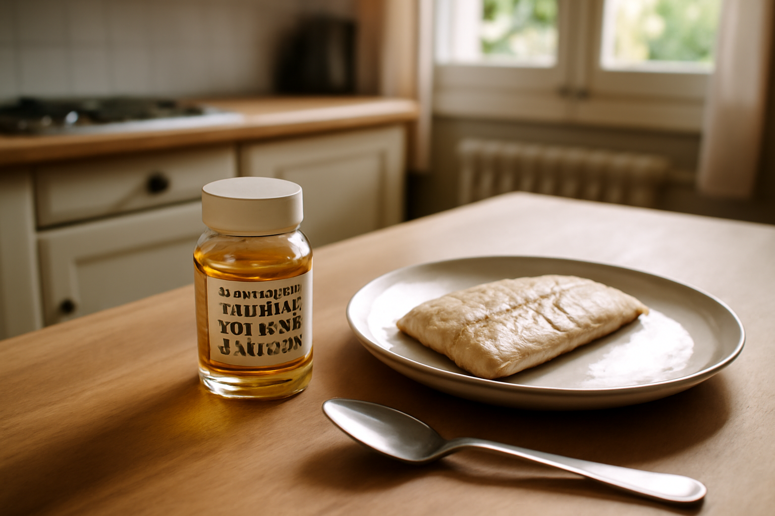 foie de morue enceinte : pot de complément et filets de poisson sur plan de travail, lumière naturelle