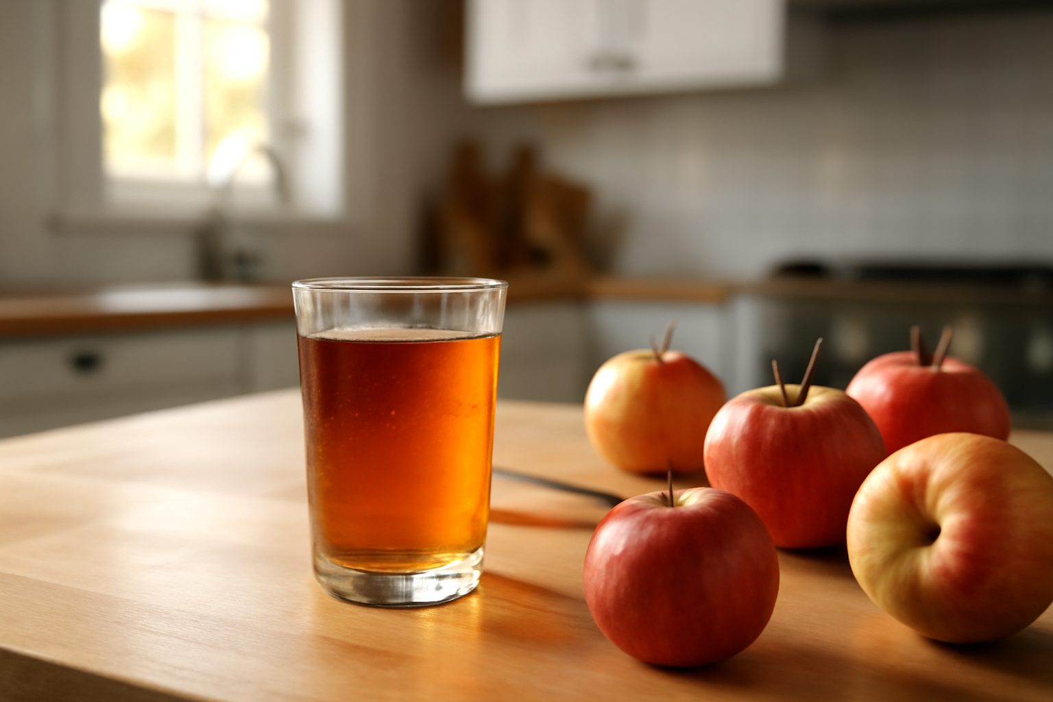 Verre de jus de pomme frais, gouttes de condensation, pommes entières sur une table en bois