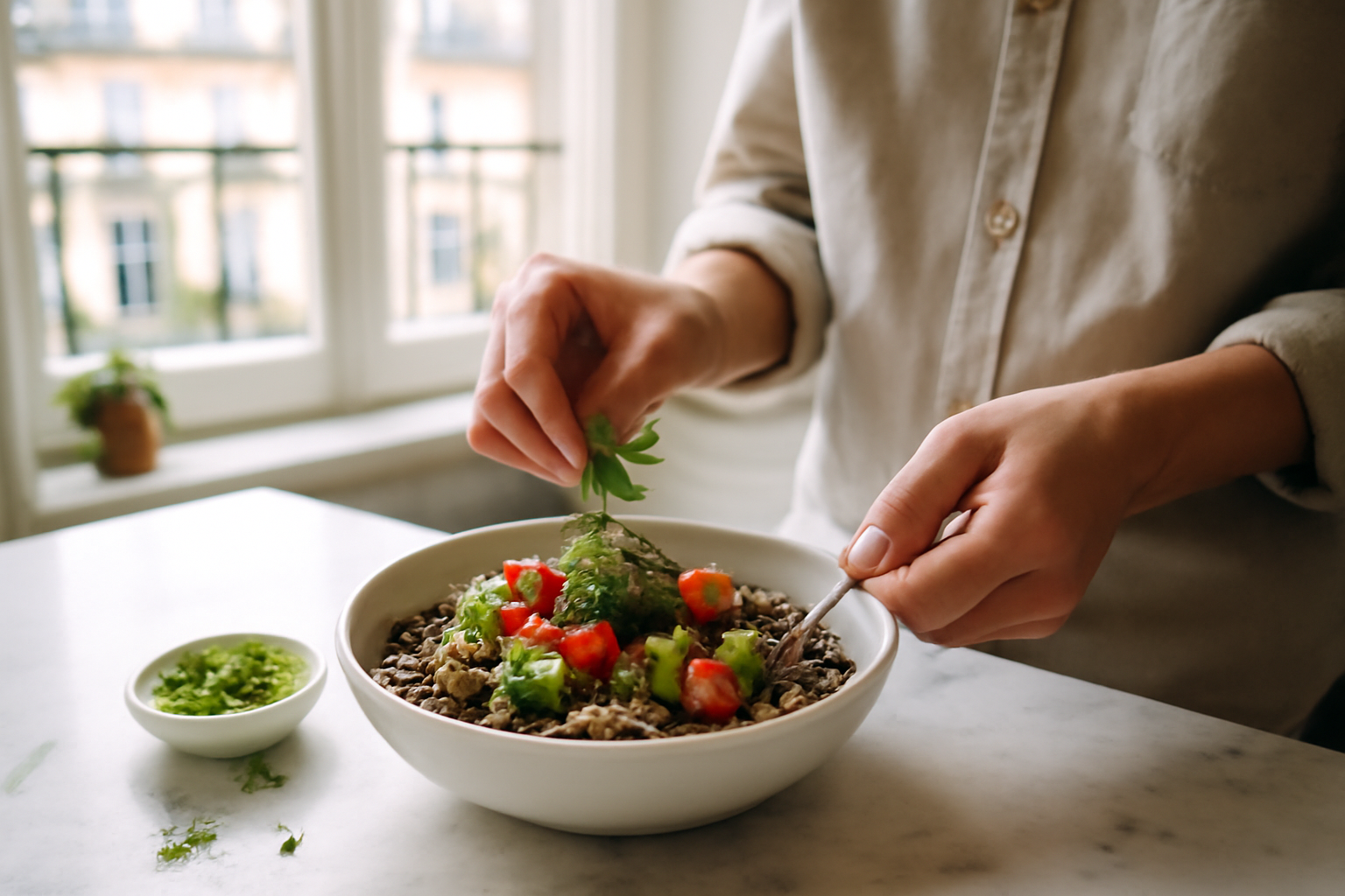 lentilles legumes ou pas : bol de lentilles et légumes croquants
