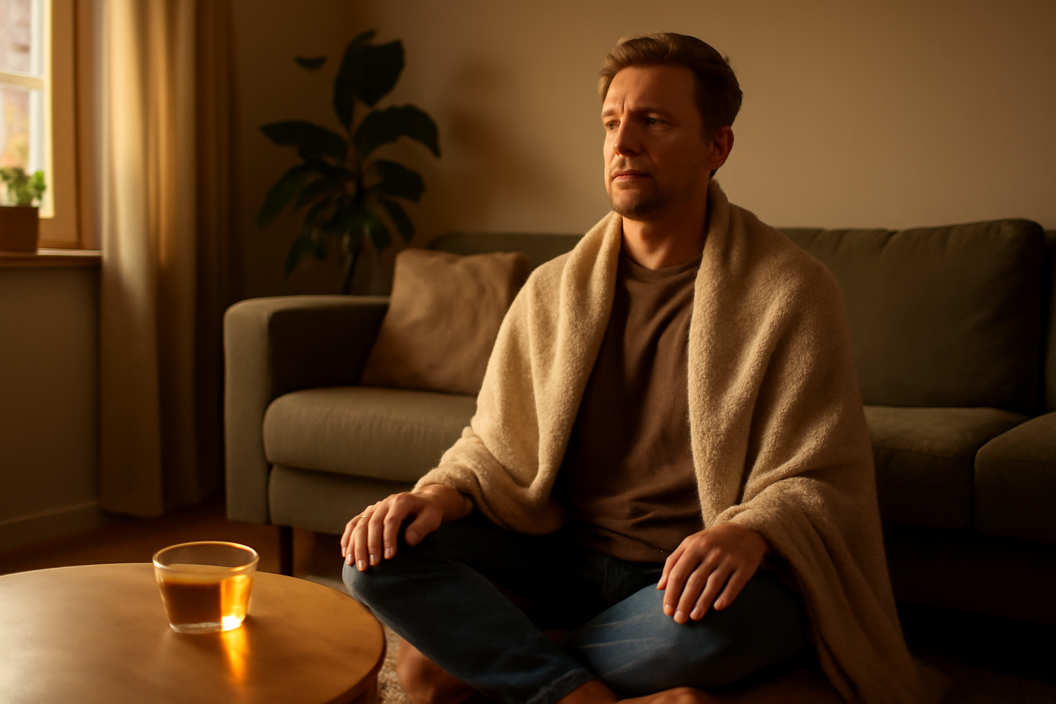 maigrir par auto hypnose : personne au calme en séance d’auto-hypnose, lumière naturelle, ambiance douce