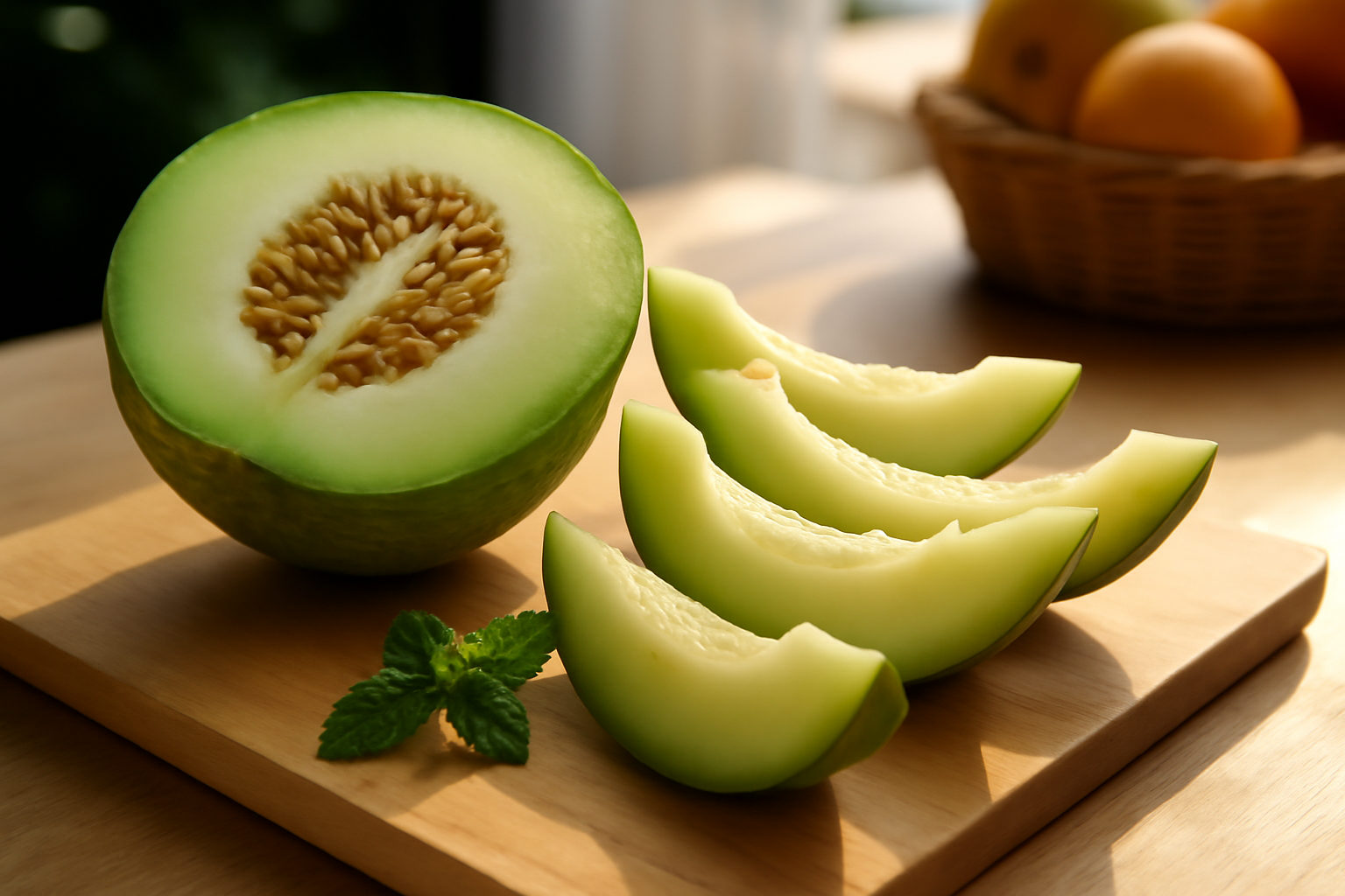 Melon vert bienfaits : photo réaliste de melon vert mûr sur une table en bois