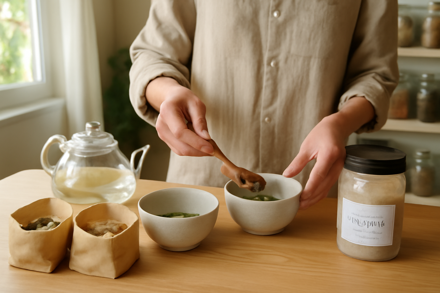 phytothérapie pour perdre du poids, plantes minceur et tisanes dans une cuisine ensoleillée