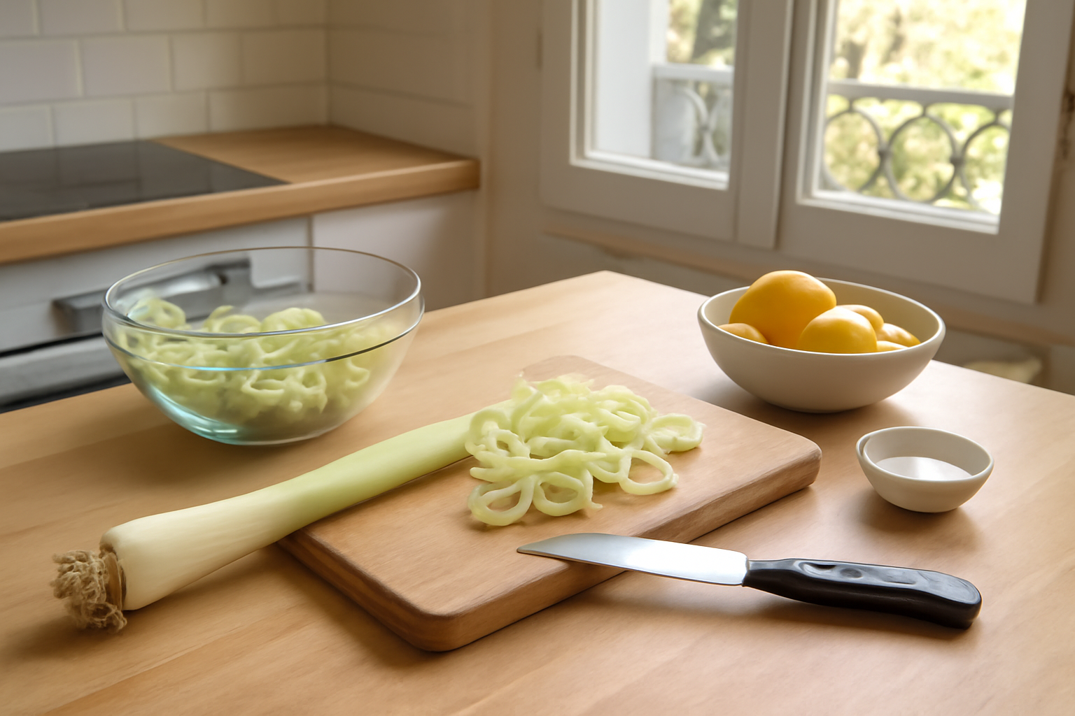Poireau cru émincé prêt pour une salade, plan de travail en cuisine, lumière naturelle, bols et couteau