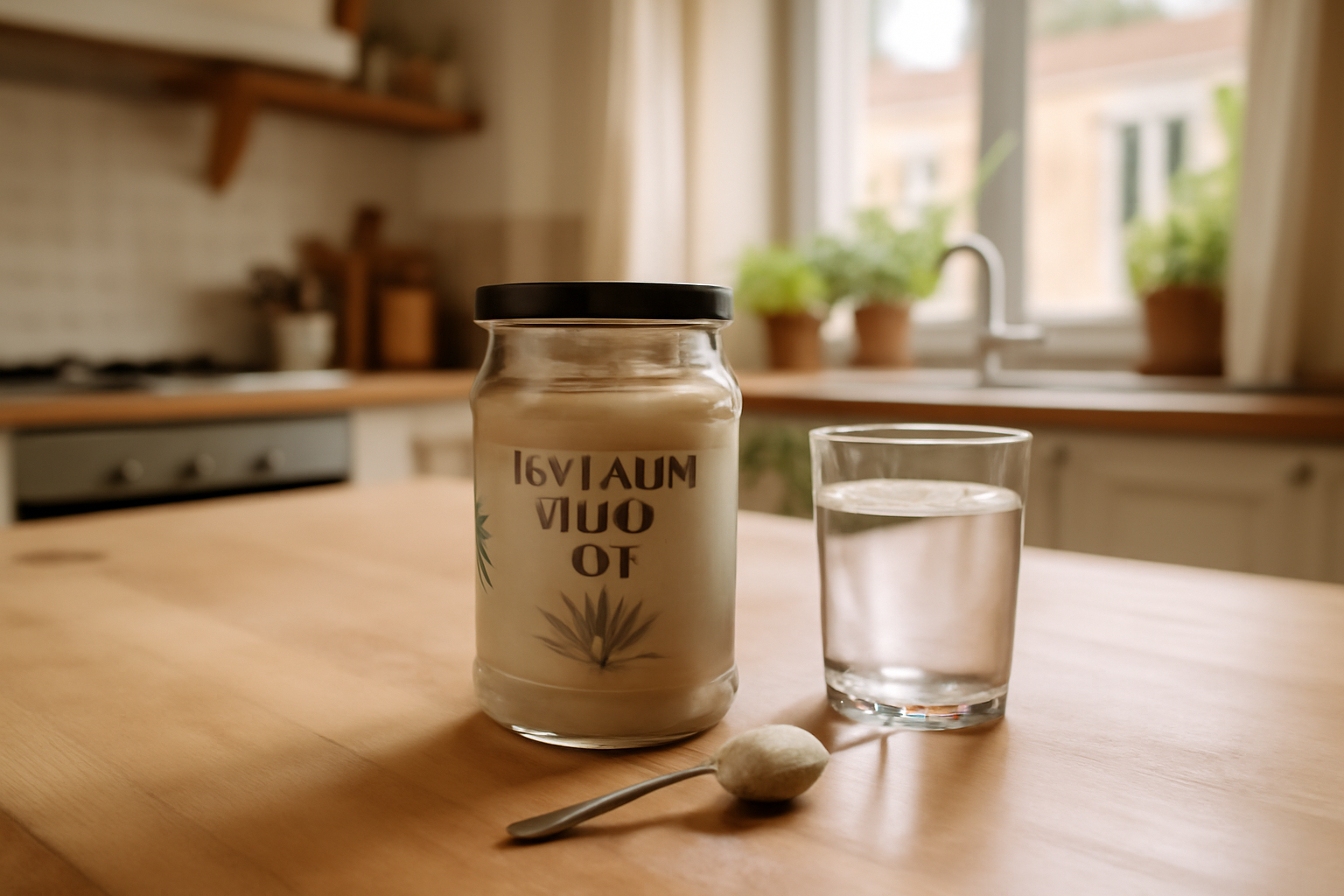 psyllium blond bio en poudre dans un pot et une cuillère doseuse sur plan de travail