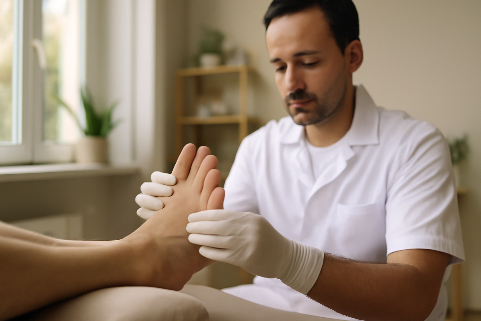réflexologie plantaire danger : praticien vérifiant l’état cutané du pied avant la séance