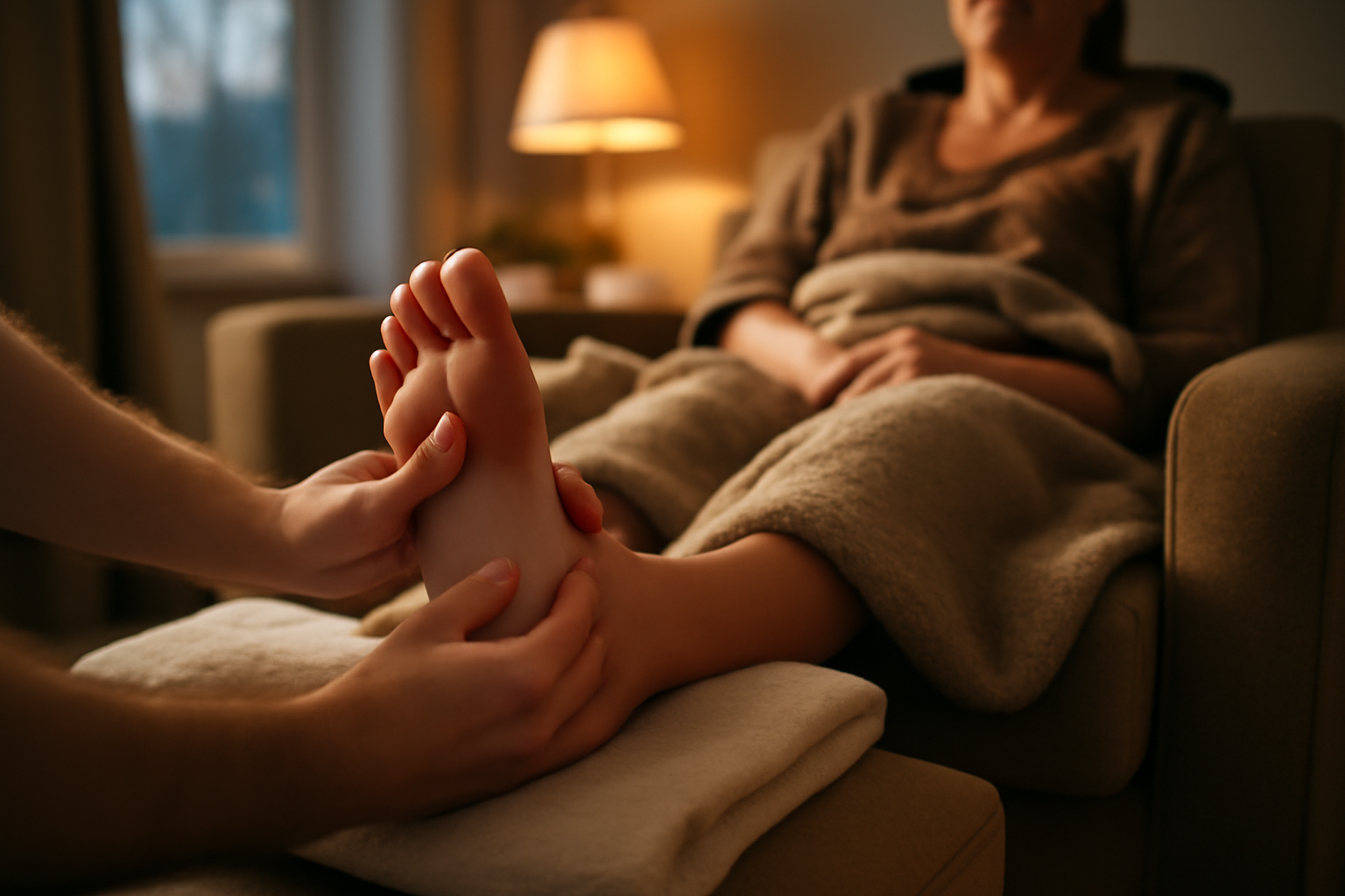 réflexologie plantaire sommeil : mains massant le pied dans une ambiance calme