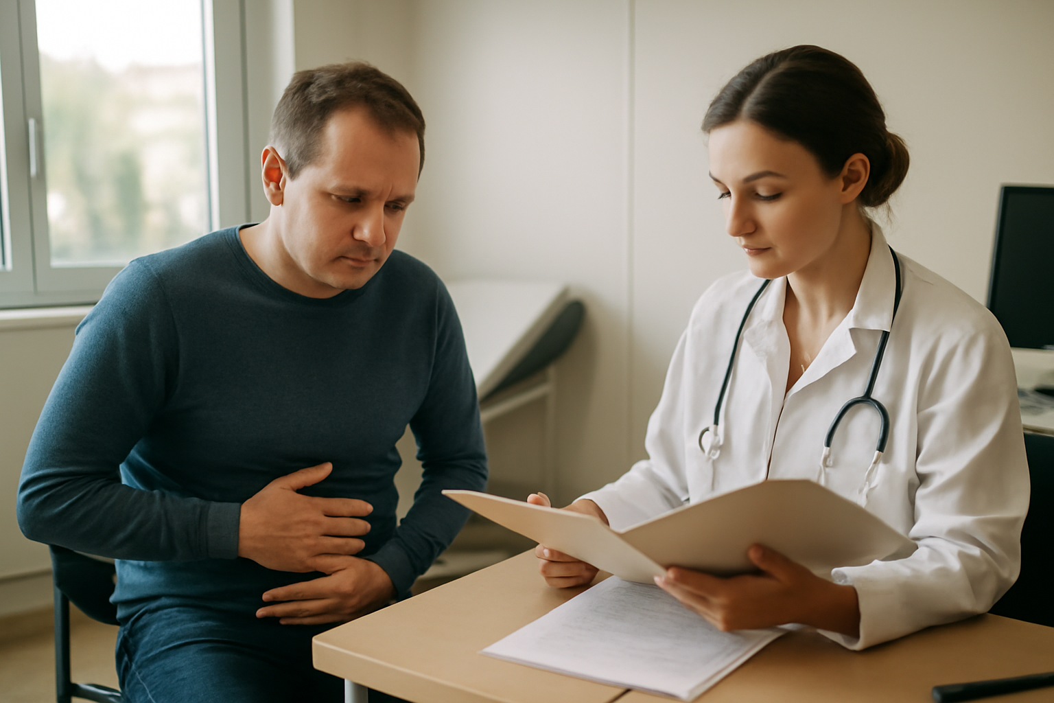stase stercorale colique : douleur abdominale et ballonnements, patient assis dans une salle de consultation, lumière naturelle