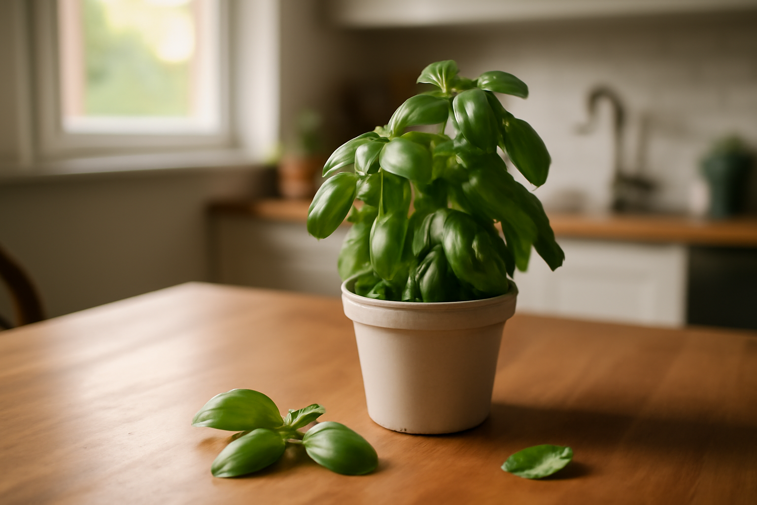Basilic frais vert en pot sur une table en bois près d’une fenêtre, lumière naturelle, scène photo réaliste