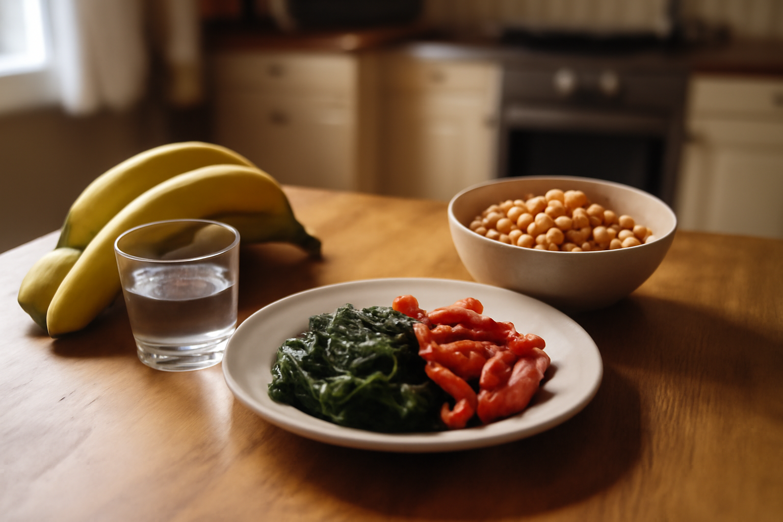 aliments riches en potassium : banane, légumes cuits et pois chiches sur une table