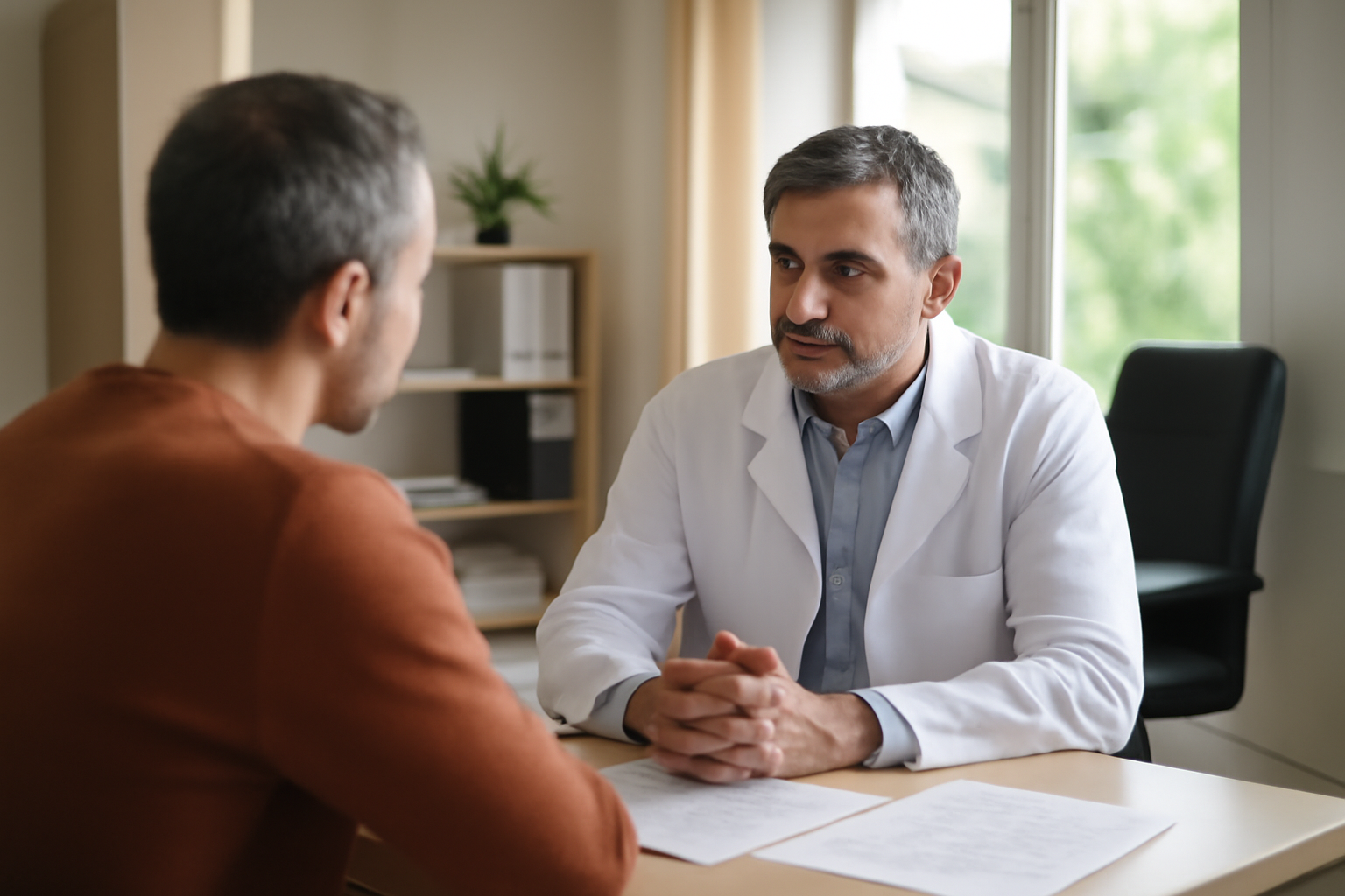 Consultation en cabinet d’andrologie : médecin et patient discutent à proximité