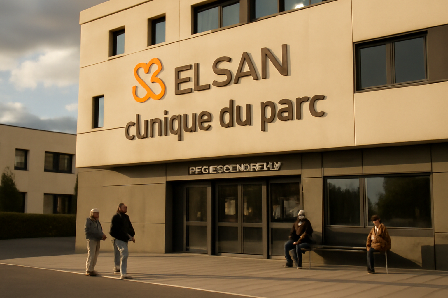 Façade de la clinique du parc Caen (ELSAN) à Caen, entrée et signalétique visibles