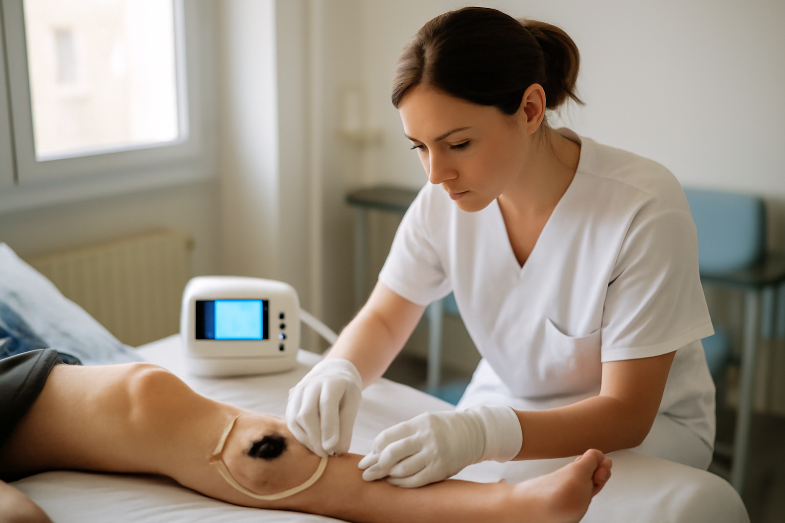 Pansement vac avec dispositif d’aspiration et tubulure sur une plaie propre, scène photo réaliste en milieu de soins