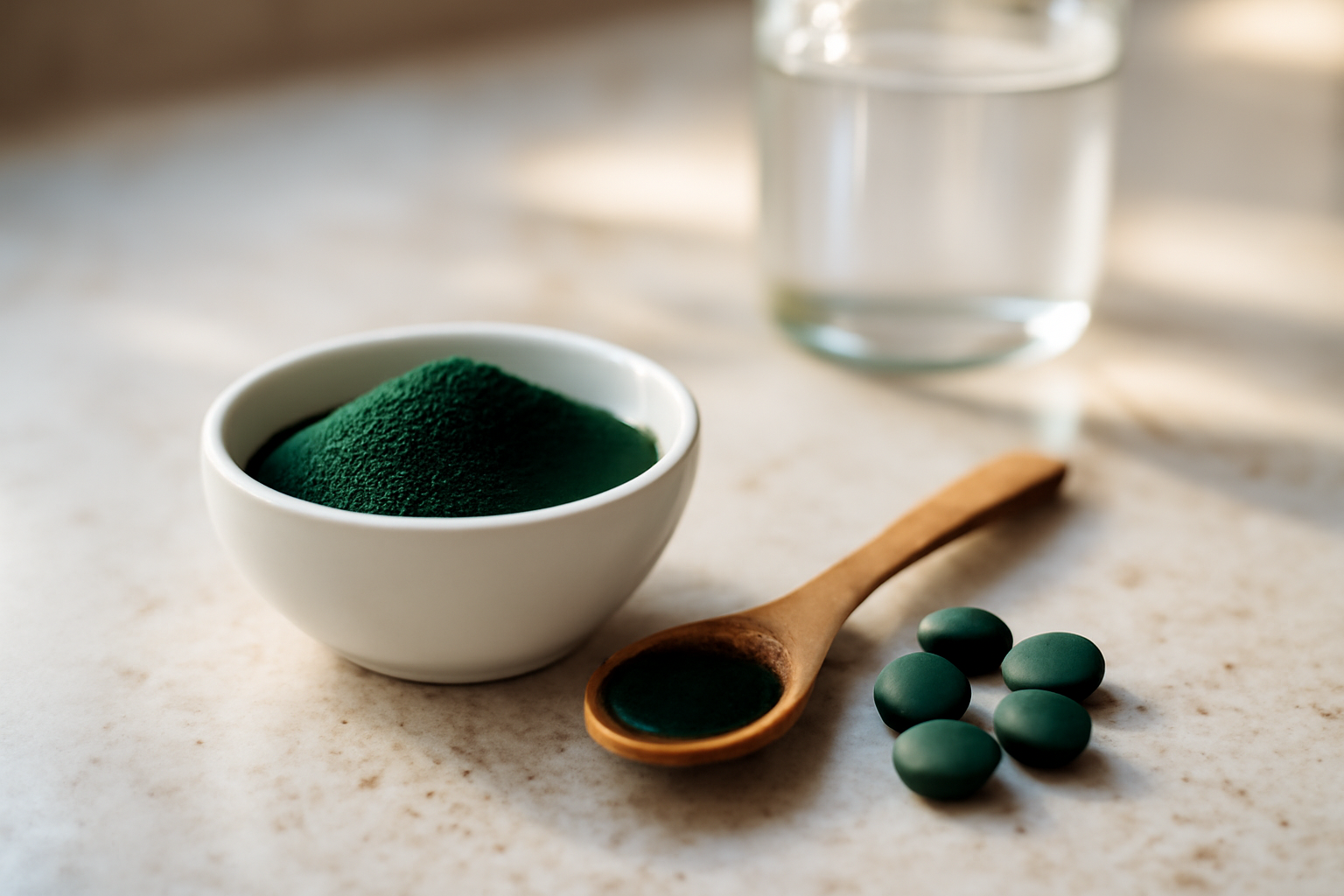 Spiruline bienfait : poudre verte de spiruline et comprimés sur un plan de travail en cuisine, lumière naturelle