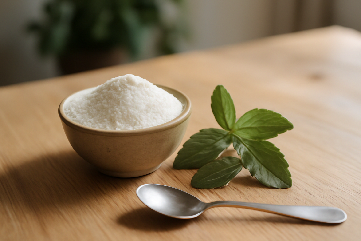 stevia en poudre et feuilles de Stevia rebaudiana sur une table en bois, lumière naturelle