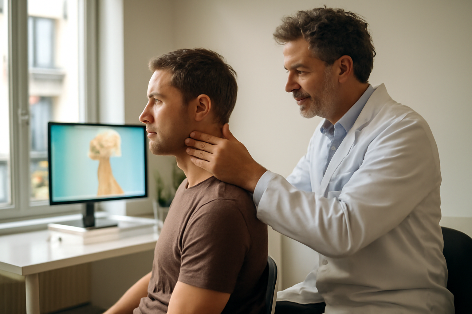 uncodiscarthrose cervicale : patient en consultation de médecine générale, cou légèrement incliné, examen clinique et posture corrigée, lumière naturelle