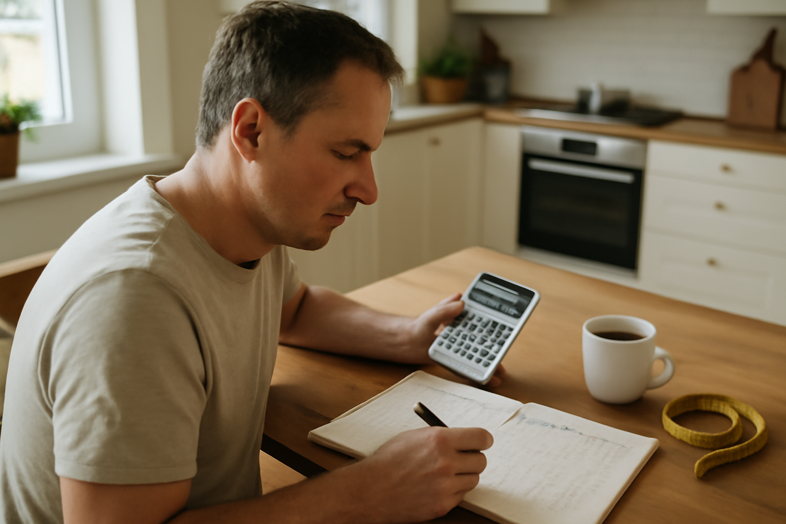 calcul métabolisme de base sur calculatrice, carnet de suivi et mesures corporelles à domicile, lumière naturelle