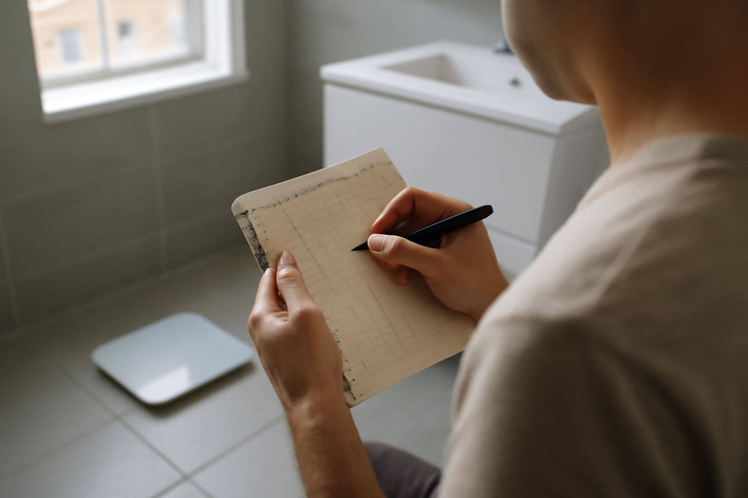 tableau de suivi des calories et du poids sur plusieurs semaines, carnet et balance connectée dans une salle de bain
