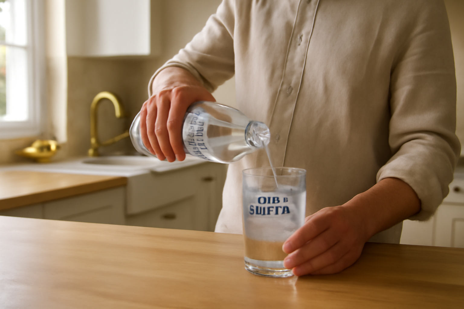 Bouteille d’eau alcaline et étiquette indiquant le pH sur une table en cuisine