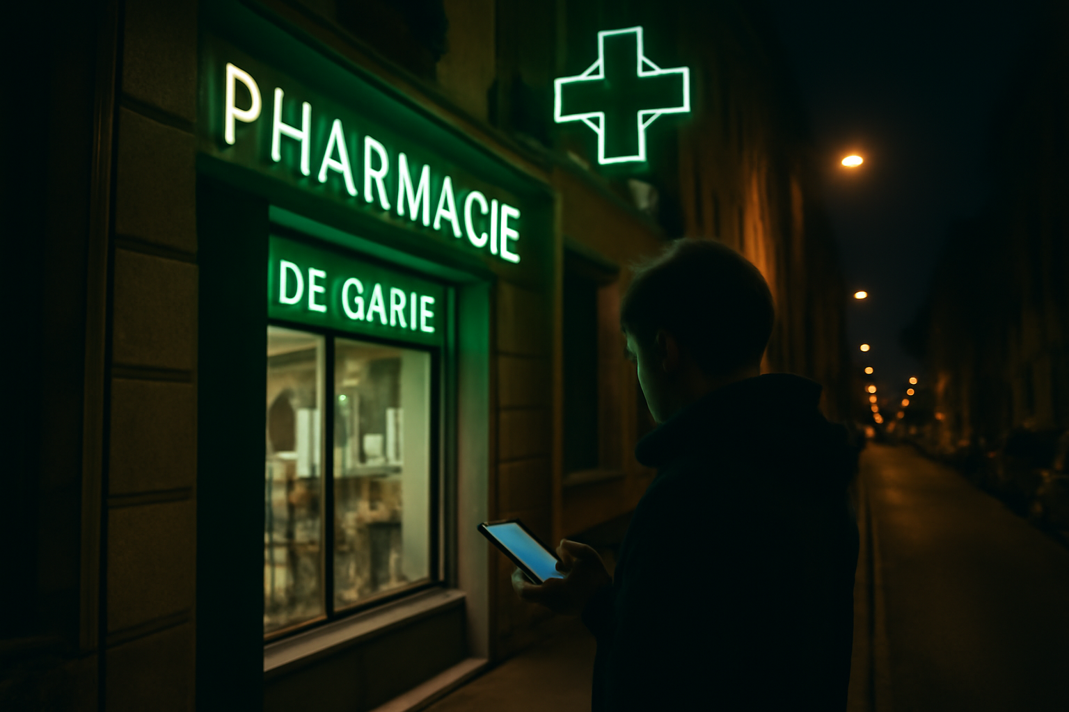 pharmacie de garde Reims avec panneau de nuit et téléphone affiché